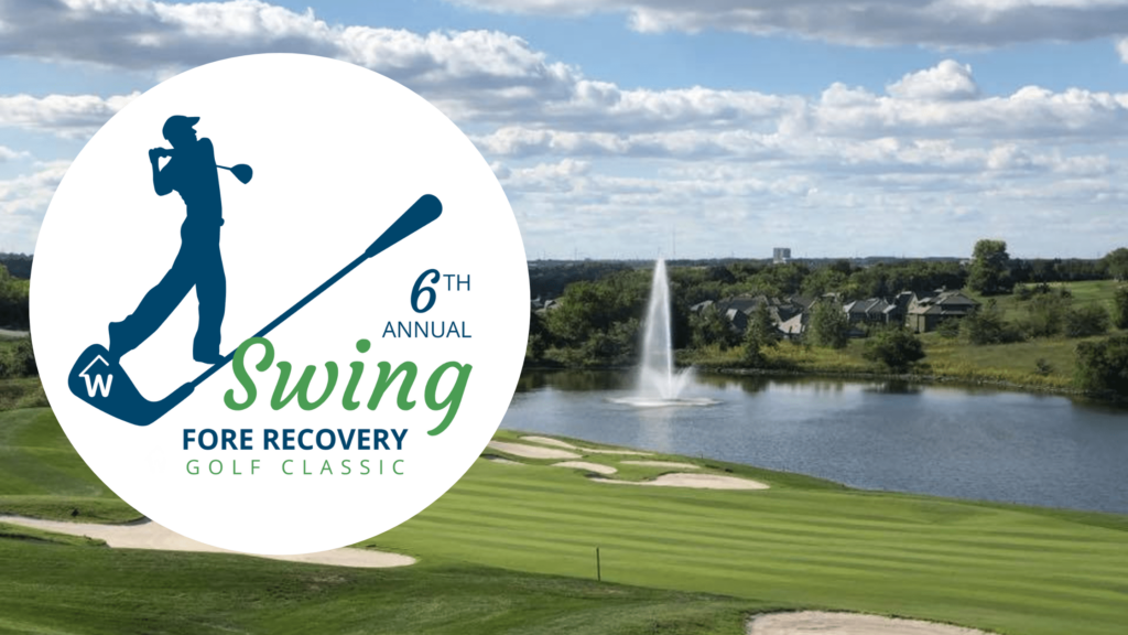 The 6th Annual Swing Fore Recovery Golf Classic logo, with a silhouetted golfer swinging a club, against a backdrop of a lush golf course with a fountain and buildings in the distance.